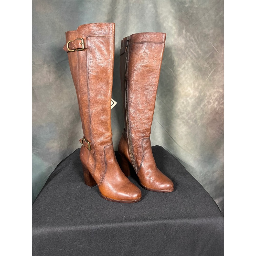 Frye Parker Button Tall Cognac Brown Leather Buckle Block Heel Boots Women 8.5
